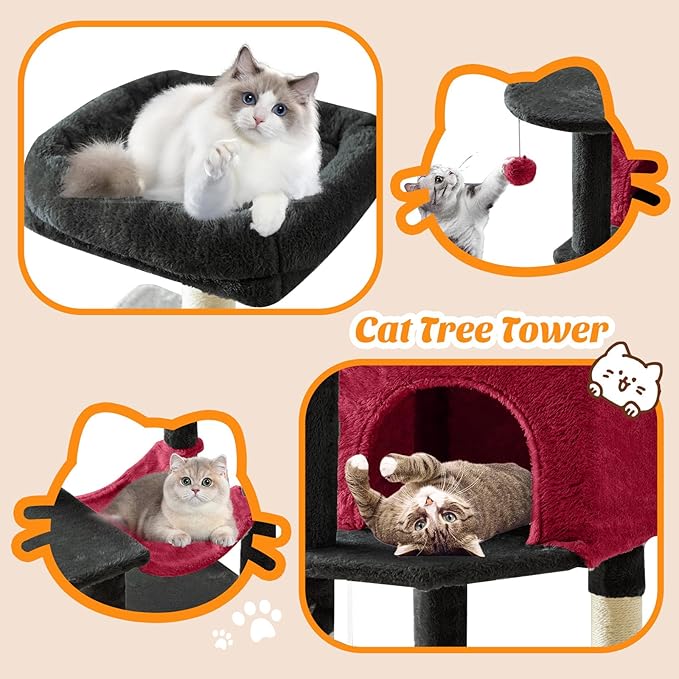 DUMOS Small 44 Inch Cat Tree Tower, Cat Climbing Tower with Natural Sisal Scratching Posts, Hammock, Pet Condo for Indoor Cats and Kittens Play, Black and Red