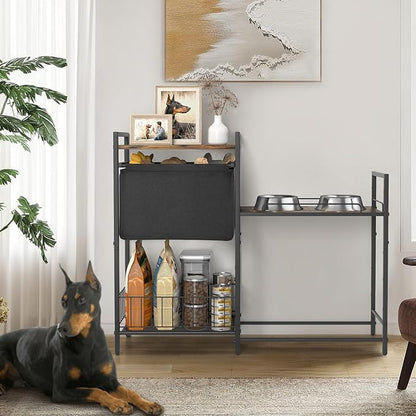 Elevated Dog Bowls Stand for X-Large & Large Breed, 7 Adjustable Heights from 2"-22" Raised Dog Feeding Station with Toy Bin Basket, Lifted Dogs Food Bowl Holder Cabinet Pet Storage Organizer