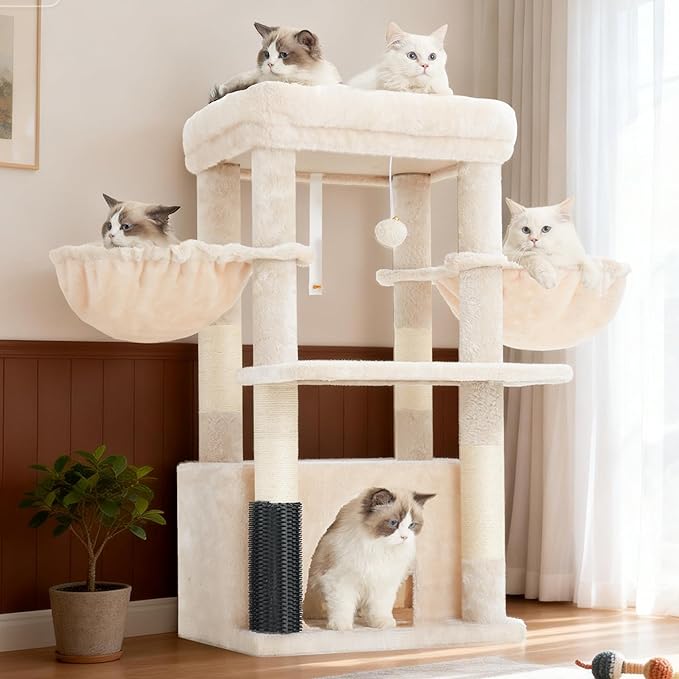Hey-brother Cat Tree Tower with Extra Large Platform, Spacious Condo, 2 Cozy Hammocks, Self-Grooming Brush, Sisal Scratching Posts for Big Indoor Adult, Maine Coon, 35.4 Inches, Beige MPJ060M
