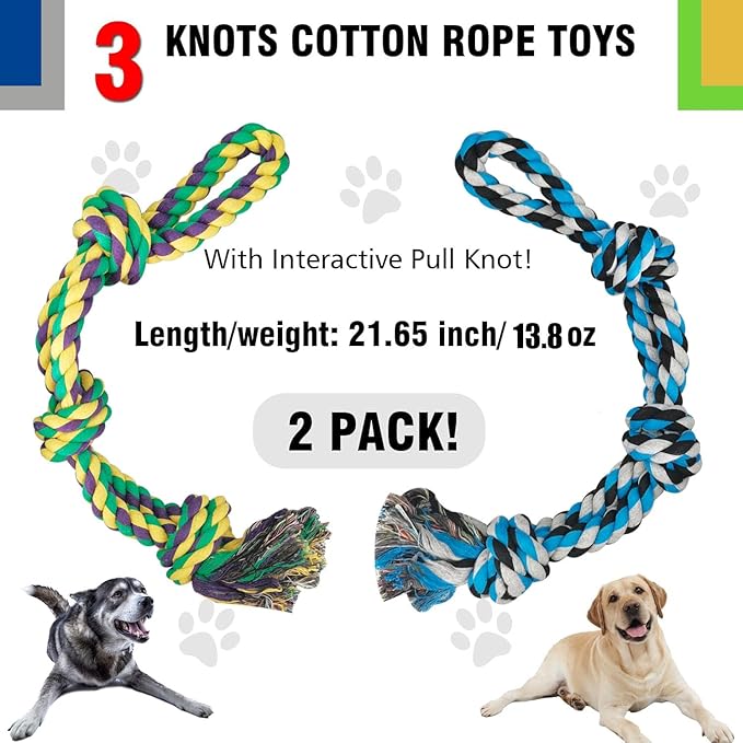 2 Pack Dog Rope Toy for Large Breed Aggressive Chewers, Nearly Indestructible Chew Rope Tug of War Toy, Interactive Toy for Boredom, Teeth Cleaning, 21.65 inch / 13.8 oz