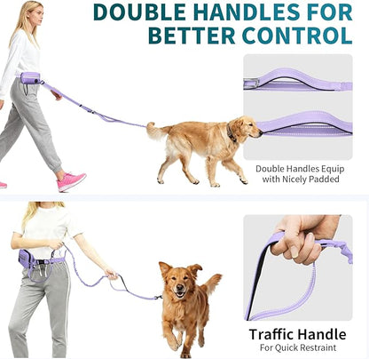 Hands Free Dog Leash with Removable Zipper Pouch, Dual Padded Handles and Durable Bungee for Walking, Jogging and Running-Your Dog (Large, 35-140 lbs Purple