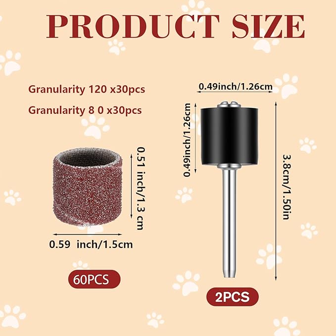 62Pcs Pet Nail Grinder Replacement Kit with Grit Sanding Bands, Dog Grinding Drums Nail Smoother Sanding Drum Set for Dogs Claw Care Grooming Supplies (80#/120#)