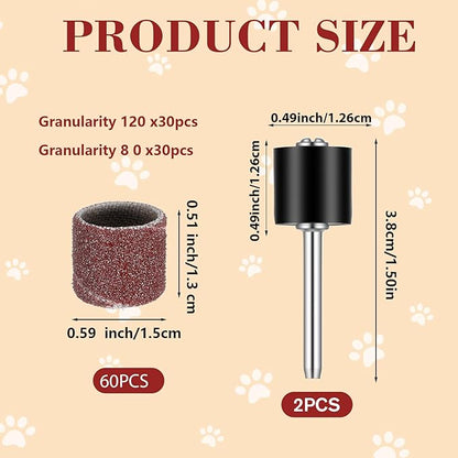 62Pcs Pet Nail Grinder Replacement Kit with Grit Sanding Bands, Dog Grinding Drums Nail Smoother Sanding Drum Set for Dogs Claw Care Grooming Supplies (80#/120#)