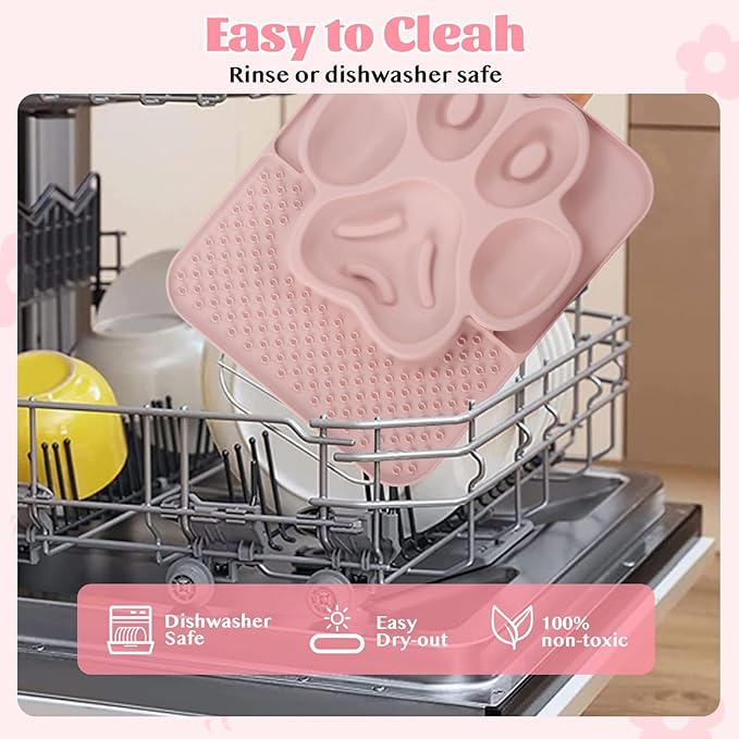 Silicone Slow Feeder Dog Bowls & Cat Bowls, 2 Cups Small Pet Food Bowl with Non-Slip Suction Base, Food-Grade Safe Puzzle Feeder for Small & Medium Dogs & Indoor Cats (Paw Lick Mat (Pink))