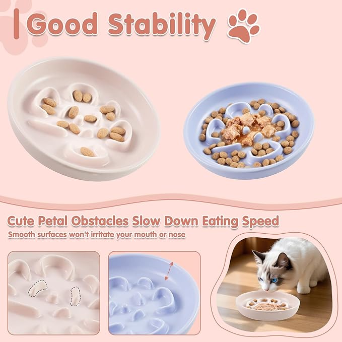Cat Slow Feeder Bowl Set - 2 Pcs Pastel Series Cat Plate for Dry and Wet Food - Cute Maze Feeder Dish for Healthy Eating- Slow Feeding Bowls Whisker Friendly - Dishwasher Safe(Blue and Pink)