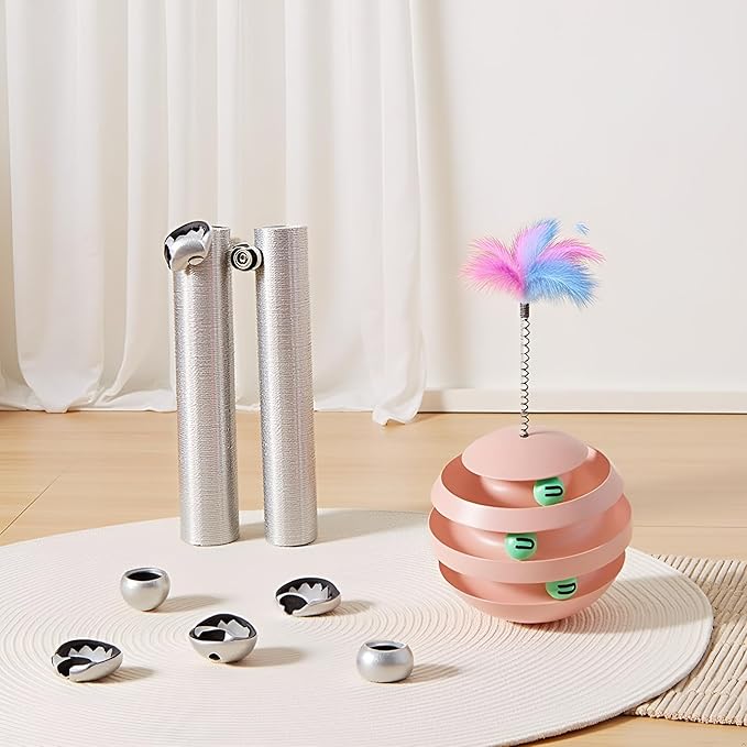 Interactive Cat Toy for Indoor Cats, 3-Layer Ball Track with Tumbler Base & Feather, Self-Play Kitten Toy to Reduce Boredom & Anxiety, Durable Interactive Pet Toy for Kittens and Adult Cats (pink)