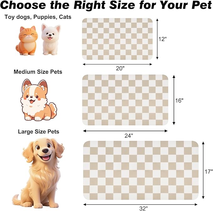 Checkered Dog Food Mat, Absorbent Leak-Proof Pet Feeding Mat, Quick Dry Cat Food Mat for Messy Drinkers 17" x 32" Khaki