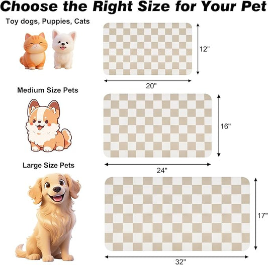 Checkered Dog Food Mat, Absorbent Leak-Proof Pet Feeding Mat, Quick Dry Cat Food Mat for Messy Drinkers 12" x 20" Khaki