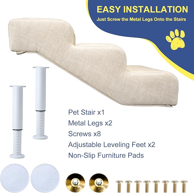 DoCred Adjustable Pet Stairs for Beds & Sofas - 3 Step 11.8"-14.5" H Non-Slip Dog Stairs for Small to Medium Dogs & Cats, Supports up to 150 lbs - Linen Faux Leather Dog Steps