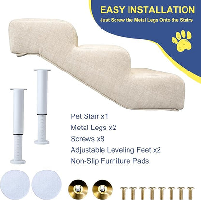 DoCred Adjustable Pet Stairs for Beds & Sofas - 3 Step 11.8"-14.5" H Non-Slip Dog Stairs for Small to Medium Dogs & Cats, Supports up to 150 lbs - Linen Faux Leather Dog Steps