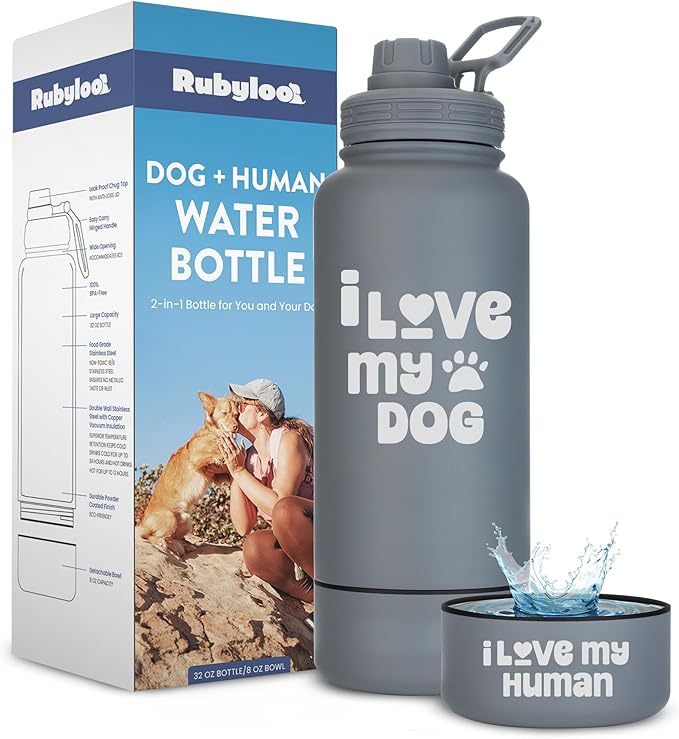 Dog Water Bottle for Dog Lovers - 32 oz Stainless Steel Double Wall Insulated Water Bottle with 8 oz Detachable Bowl on Bottom- Ideal Doggy Lover Gift for Hiking, Walking, Travel - “Love" Smoky Grey