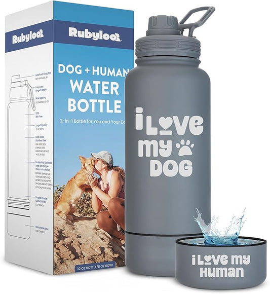 Dog Water Bottle for Dog Lovers - 32 oz Stainless Steel Double Wall Insulated Water Bottle with 8 oz Detachable Bowl on Bottom- Ideal Doggy Lover Gift for Hiking, Walking, Travel - “Love" Smoky Grey