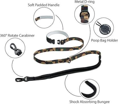 Heavy Duty Hands Free Dog Leash for Medium to Large Dogs for Comfortable Running Jogging Walking | Shock Absorbing Bungee | Soft Padded Handle | 360 Rotating Carabiner (Leash Length 6.5-7.8 ft)