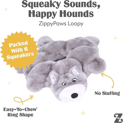 ZippyPaws Loopy - No Stuffing Dog Toys to Keep Them Busy, for Small, Medium, & Large Dogs, Squeaky Pet Toy for Boredom, Unstuffed Chew Toy, Soft Plush Puppy Products, Wolf - 10"