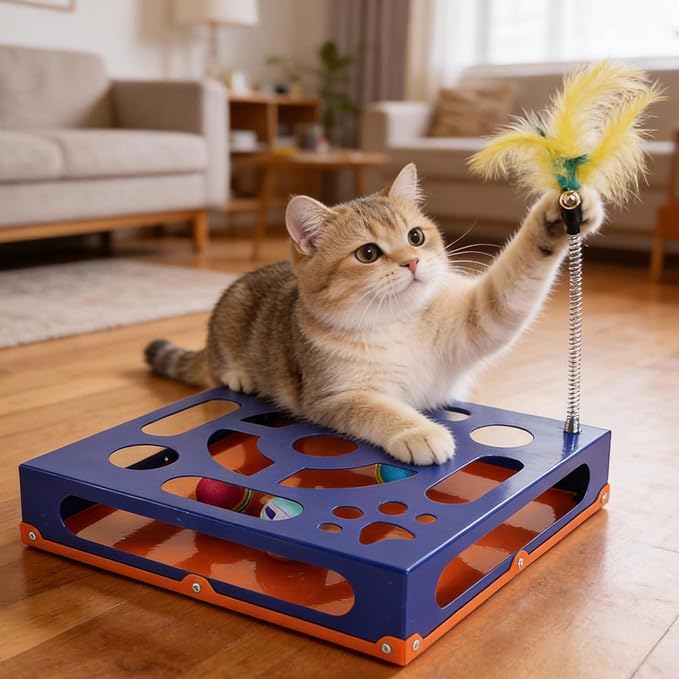 2026 New Metal Cat Scratch Puzzle Enrichment Box,cat Puzzle, 1 Spring-Loaded Colorful Feather Stick with a Bell,No Assembly Required, All Cats Indoor Play Toy