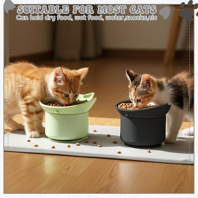 2 Pack Black, Green Slow Feeder for Cat Bowls, Silicone Tilted Raised Pet Bowl with Non Slip Base for Digestion Anti Vomit