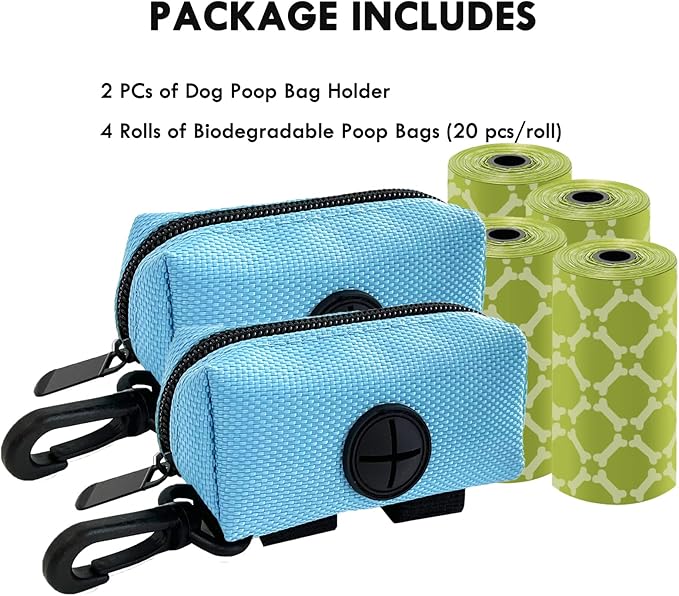 (2 Pack) Dog Poop Bag Holder for Leash Attachment with 80 Bags- Waterproof Dispenser with Carabiner, Hands-Free Design for Car Travel, Park Walk & Camping Trips, Fits All Leashes, Blue