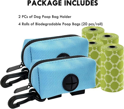 (2 Pack) Dog Poop Bag Holder for Leash Attachment with 80 Bags- Waterproof Dispenser with Carabiner, Hands-Free Design for Car Travel, Park Walk & Camping Trips, Fits All Leashes, Blue