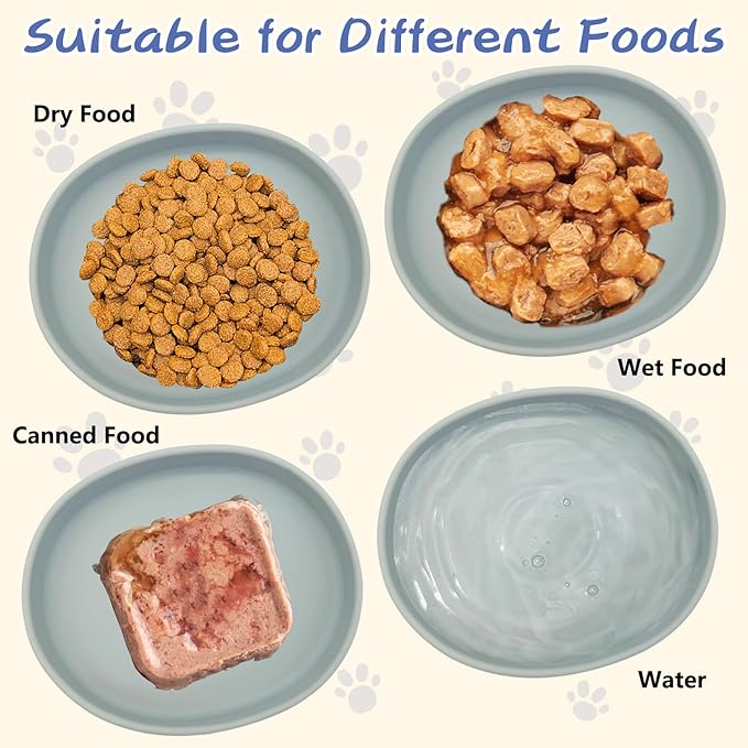 Fhiny 2 PCS Silicone Cat Food Bowls Shallow Dog Bowl 7" Non-Slip Pet Feeding Dishes for Dry and Wet Food Whisker Fatigue Cat Plates for Kitten Puppy and Small Pets (Gray)
