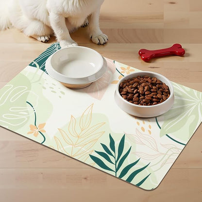 Topotdor Boho Dog Food Mat - Absorbent Quick-Dry Cat Bowl Mat for Food and Water, Non-Slip Pet Feeding Placemat for Messy Drinkers Dog Accessories Pet Supplies, 12"x20", Green