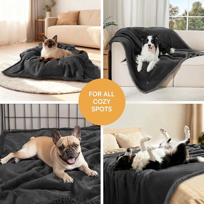 Waterproof Pet Blanket, Liquid Pee Proof Dog Blanket for Sofa Bed Couch, Reversible Sherpa Fleece Furniture Protector Cover for Small Medium Large Dogs Cats, Black Medium（57" x 40"）