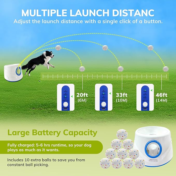 Dog Ball Launcher, Chuck It Ball Launcher, Dog Balls Thrower with 10 2.28-inch Balls, 3 Adjustable Distances, Indoor/Outdoor Toy for Small/Medium Dogs, Rechargeable