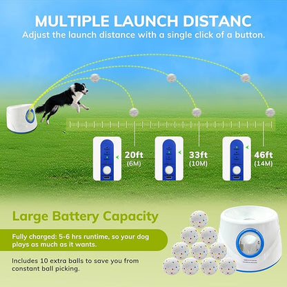 Dog Ball Launcher, Chuck It Ball Launcher, Dog Balls Thrower with 10 2.28-inch Balls, 3 Adjustable Distances, Indoor/Outdoor Toy for Small/Medium Dogs, Rechargeable