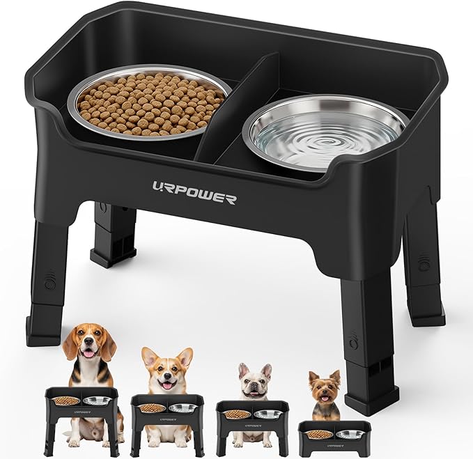 URPOWER Mess Proof Elevated Dog Bowls, High Wall Splash Guard Design, 4 Height Adjustable Raised Bowl Stand, 2 Stainless Steel Bowls, Non-Slip Food Water Set for Small Medium Large Dogs