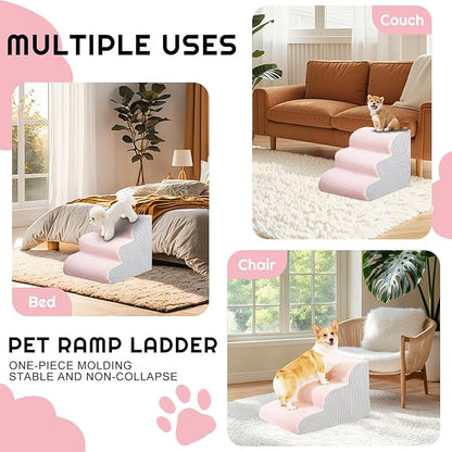 Dog Stairs for Bed 13.7" H, 30D Foam 3-Step for Sofa,Curved Stairs for Puppy,Pet Steps for Couch for Small Dogs and Cats or Pets Friendly