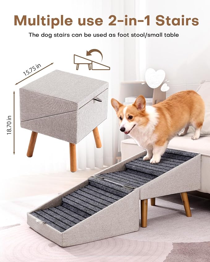 Dog Ramp for Couch and Bed,17.13" H Dog Stairs for Small Dogs and Cats, Foldable 2 in 1 Pet Steps for Medium Large Dogs and Puppy, Split Ottoman Design Pet Ramp（Apricot）