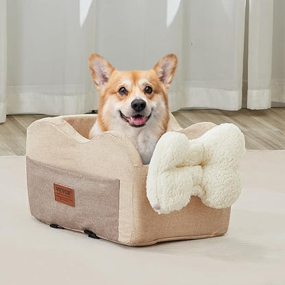 VEVOR Console Dog Car Seat, Center Console Dog Booster Seat for Small Dogs, Pet Bed for Car Armrest with Clip-On Leash, Adjustable Straps, Supports up to 8lbs, Light Brown