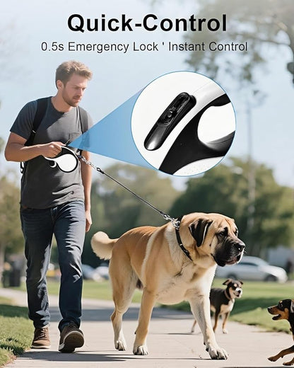 Retractable Dog Leash 26 ft for Large Dogs Up to 110 lbs, 360 Tangle-Free Heavy Duty with One-Hand Brake Pause Lock, Anti-Slip Handle Strong Nylon Tape, Large, White