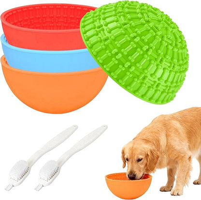 4 Pcs Dog Enrichment Lick Bowls Silicone Freeze Bowls Interactive Cat Licking Mats Slow Feeders Includes 2 Pcs Brush for Pet Boredom Anxiety Relief,Oral Health,Wobble or Stay Put Freeze Feeder