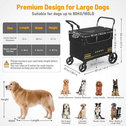 Extra Large Pet Stroller with Ramp, Dog Stroller for Large & Medium Dogs up to 180lbs, Foldable Dog Wagon with Dual Handle & Brake, Portable Puppy Travel Strollers for Cats & Dogs