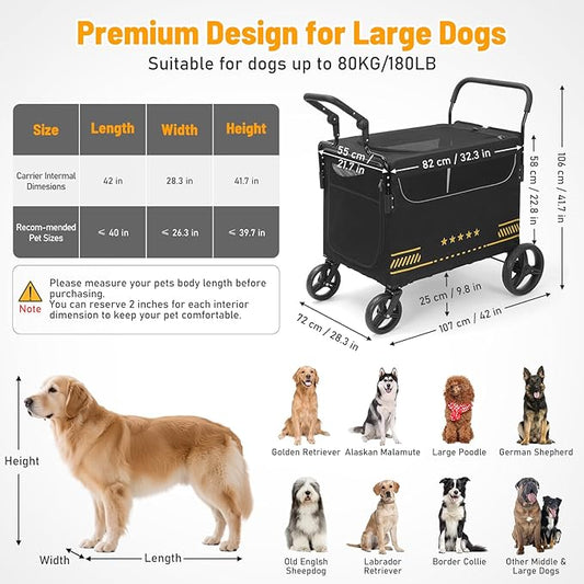 Extra Large Pet Stroller with Ramp, Dog Stroller for Large & Medium Dogs up to 180lbs, Foldable Dog Wagon with Dual Handle & Brake, Portable Puppy Travel Strollers for Cats & Dogs