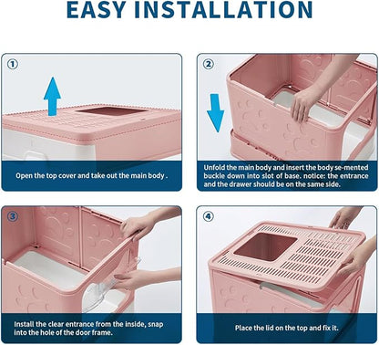 Cat Litter Box with Litter Mat and Scoop, Large Covered Litter Box with Lid, Front Entry Top Exit Kitty Box, Odor Control, Easy to Clean (Pink)