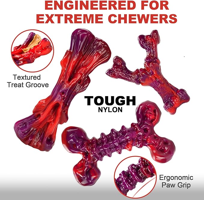3-Pack Dog Chew Toys for Aggressive Chewers Medium & Large Breed (20-90 lbs), Indestructible Nylon Bones with Beef Flavor, Tough Dental Chews for Boredom & Anxiety, Long Lasting Doggy Gifts