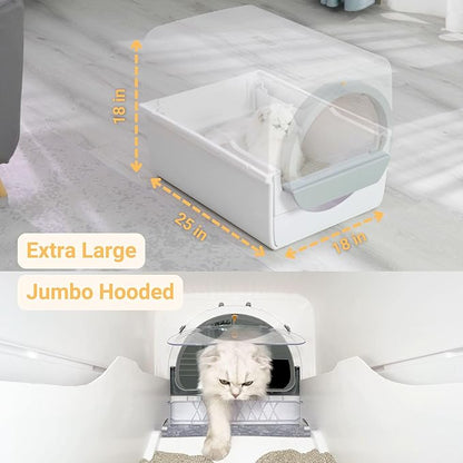 Semi-Automatic Self Cleaning Cat Litter Box for Large Cats, Pull-Push Easy Clean Litter Box with Lid, Dog Proof, Extra Large, White (Micro Crystal Litter Included)