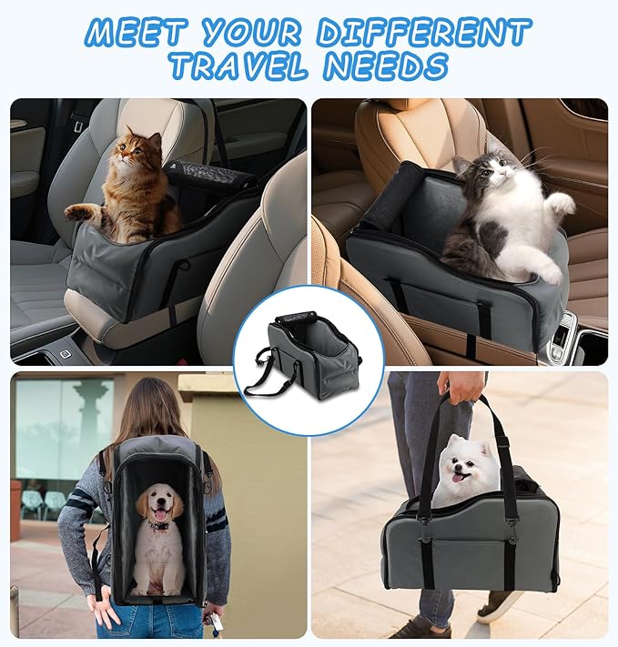 Center Console Dog Car Seat - Suitable for Small Dogs and Puppies Up to 12 lbs,Portable Armrest Booster with Safety Belt, Easy-Clean Technical Cloth,Safety Leash,Storage Bag,Multi-Function Pet Carrier