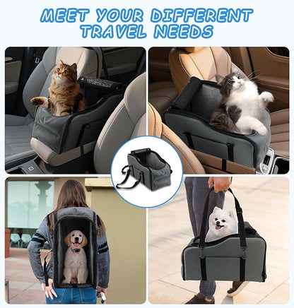 Center Console Dog Car Seat - Suitable for Small Dogs and Puppies Up to 12 lbs,Portable Armrest Booster with Safety Belt, Easy-Clean Technical Cloth,Safety Leash,Storage Bag,Multi-Function Pet Carrier