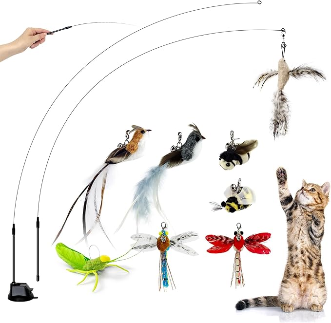 TTcat Cat Toys Suction Cup,2 Cat Wand Toys,8Pcs Birds and Insects Dragonfly Grasshopper Simulation Feather Refills with Bells, Interactive Cat Toys for Indoor Cats and Kitten.