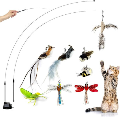 TTcat Cat Toys Suction Cup,2 Cat Wand Toys,8Pcs Birds and Insects Dragonfly Grasshopper Simulation Feather Refills with Bells, Interactive Cat Toys for Indoor Cats and Kitten.