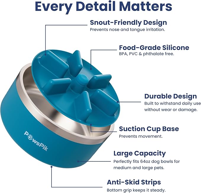 PawsPik 64oz 18/8 Stainless Steel Slow Feeder Dog Bowl, Double-Wall Non-Slip Metal Dog Bowl for Fast Eating Medium & Large Breeds, Detachable Slow Feeder Insert, Dishwasher Safe (Midnight Summit Blue)