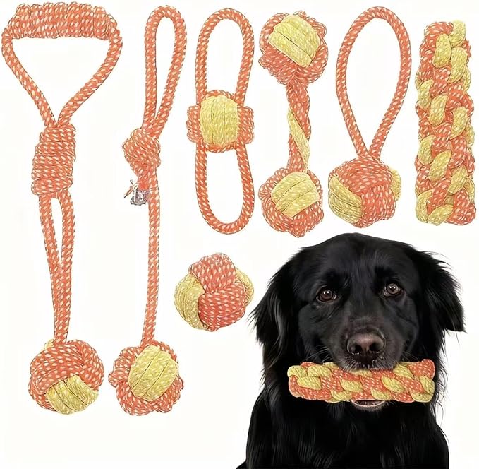 7 Pack Orange Yellow Braided Puppy Rope Toys, Durable Dog Chew Rope for Medium Large Dogs, Interactive Dog Rope Chew Toy for Chewing Tug of War Teeth Cleaning