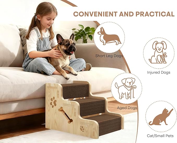Dog Stairs for Small Dogs, 3-Step Wooden Dog Ramp for Bed, Couch & Car, Non-Slip Pet Stairs for Small Old Short-Legged Puppy & Cat, Indoor Pet Steps with X-Brace Support