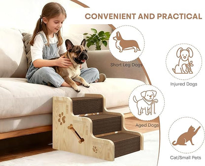 Dog Stairs for Small Dogs, 3-Step Wooden Dog Ramp for Bed, Couch & Car, Non-Slip Pet Stairs for Small Old Short-Legged Puppy & Cat, Indoor Pet Steps with X-Brace Support