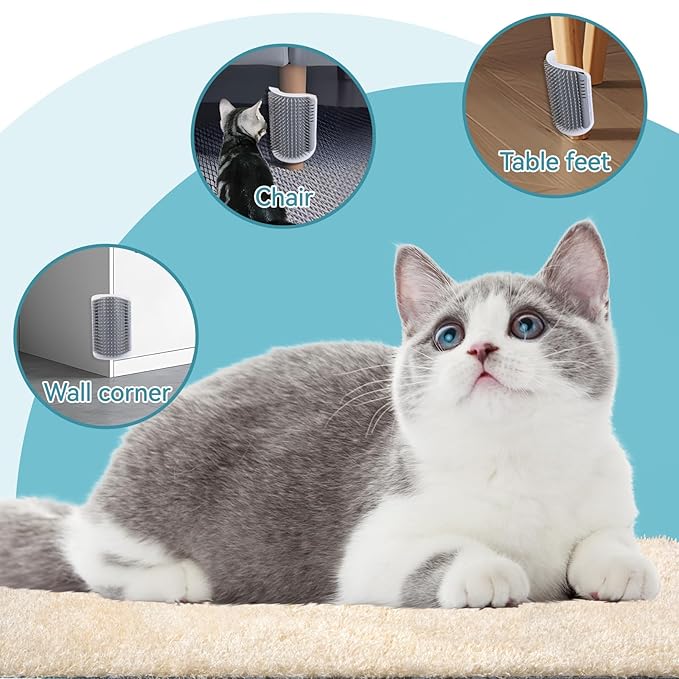 2Packs Cat Self Groomer, Wall Corner Scratcher With Catnip, Soft Brushes, Self Grooming Brush Wall Corner Massager Combs for Long Short Fur Kitten Indoor Cats (Grey)