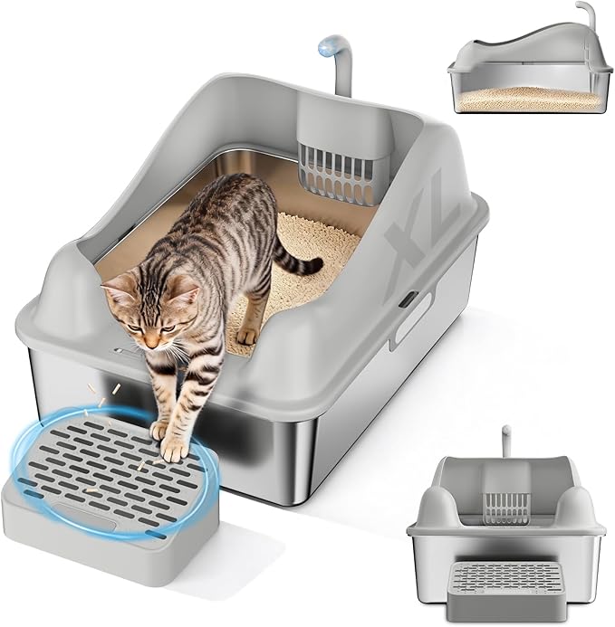 GTPLAYER XL Stainless Steel Cat Litter Box for Big & Multiple Cats, Easy Clean Odor-Resistant Design, High Sided Leak-Proof Litter Box with Mat & Scoop – Dark Grey