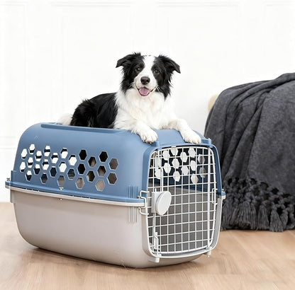 24" Pet Kennel Carrier for Small Dogs & Cats, Portable Travel & Home Use Two-Door (Top/Front Loading) Plastic Crate for 15-25 lbs Pets, Durable Blue