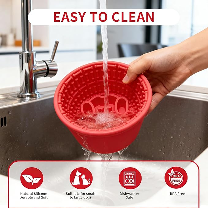 Large Silicone Dog Bowls,Non-Slip Dog Licking Treat Dispenser,Anxiety Relief Slow Feeder Treat Dispenser, Slow Feeder Bowls for Small Medium Large Breed Dogs,BPA Free Silicone(red-4cup).